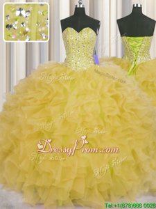 New Arrival Yellow Sleeveless Organza Lace Up Quinceanera Dresses forMilitary Ball and Sweet 16 and Quinceanera