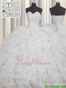 White Organza Lace Up 15th Birthday Dress Sleeveless Floor Length Beading and Ruffles and Sashes|ribbons
