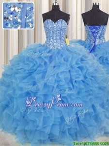 Adorable Aqua Blue Organza Lace Up 15 Quinceanera Dress Sleeveless Floor Length Beading and Ruffles and Sashes|ribbons
