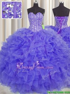 Flirting Sleeveless Floor Length Beading and Ruffles and Sashes|ribbons Lace Up 15 Quinceanera Dress with Purple