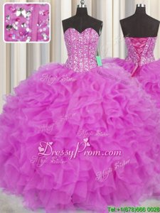 Classical Floor Length Lace Up Ball Gown Prom Dress Hot Pink and Fuchsia and In forMilitary Ball and Sweet 16 and Quinceanera withBeading and Ruffles