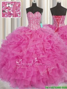 Sumptuous Organza Sweetheart Sleeveless Lace Up Beading and Ruffles Sweet 16 Quinceanera Dress inHot Pink