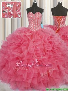 Glorious Floor Length Ball Gowns Sleeveless Coral Red Vestidos de Quinceanera Lace Up