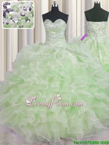 Traditional Green Ball Gowns Sweetheart Sleeveless Organza Floor Length Lace Up Beading and Ruffles Sweet 16 Dress