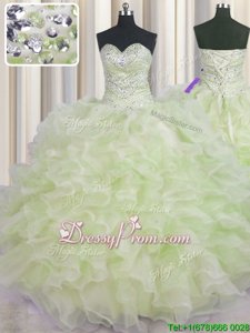 Comfortable Sleeveless Floor Length Beading and Ruffles Lace Up Quinceanera Gown with Yellow Green