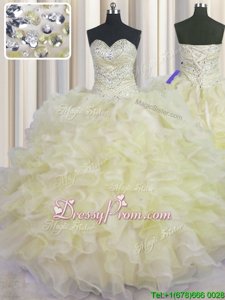 Custom Designed Floor Length Light Yellow Vestidos de Quinceanera Sweetheart Sleeveless Lace Up