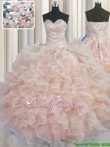 Sumptuous Organza Sweetheart Sleeveless Lace Up Beading and Ruffles Sweet 16 Quinceanera Dress inOrange