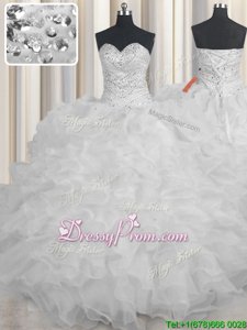 Exceptional Organza Sweetheart Sleeveless Lace Up Beading and Ruffles Quinceanera Dresses inWhite