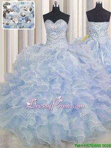 Custom Made Sleeveless Organza Floor Length Lace Up Sweet 16 Dresses inLight Blue forSpring and Summer and Fall and Winter withBeading and Ruffles