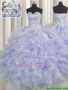 Stylish Sweetheart Sleeveless Quinceanera Gowns Floor Length Beading and Ruffles Purple Organza