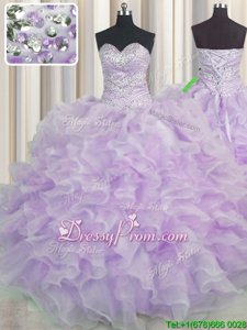 Hot Selling Beading and Ruffles Quinceanera Gowns Lavender Lace Up Sleeveless Floor Length