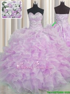 Latest Lilac Sweetheart Neckline Beading and Ruffles Quinceanera Dresses Sleeveless Lace Up