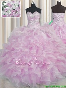 Unique Lilac Ball Gowns Sweetheart Sleeveless Organza Floor Length Lace Up Beading and Ruffles 15 Quinceanera Dress