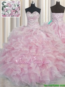 Modest Sweetheart Sleeveless Lace Up 15 Quinceanera Dress Pink Organza
