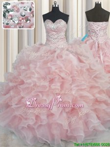 New Arrival Sweetheart Sleeveless Lace Up Vestidos de Quinceanera Pink Organza