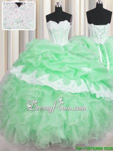 Popular Sweetheart Sleeveless Quince Ball Gowns Floor Length Beading and Appliques and Ruffles and Pick Ups Green Organza