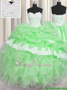 Cute Organza Sweetheart Sleeveless Lace Up Beading and Appliques and Ruffles and Pick Ups 15 Quinceanera Dress inSpring Green