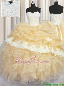 On Sale Champagne Organza Lace Up 15th Birthday Dress Sleeveless Floor Length Beading and Appliques and Ruffles and Pick Ups