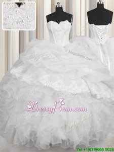 Chic White Lace Up Sweetheart Beading and Appliques and Ruffles and Pick Ups Sweet 16 Quinceanera Dress Organza Sleeveless