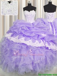 Shining Lavender Vestidos de Quinceanera Military Ball and Sweet 16 and Quinceanera and For withBeading and Appliques and Ruffles and Pick Ups Sweetheart Sleeveless Lace Up