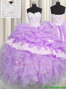 Inexpensive Lavender Sleeveless Floor Length Beading and Appliques and Ruffles and Pick Ups Lace Up Sweet 16 Dresses
