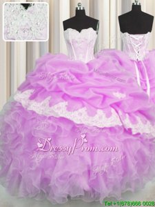 Luxurious Lilac Lace Up Quinceanera Gown Beading and Appliques and Ruffles and Pick Ups Sleeveless Floor Length