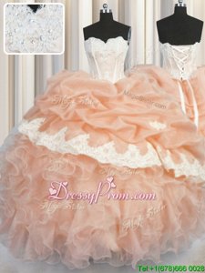 Amazing Sleeveless Organza Floor Length Lace Up Ball Gown Prom Dress inPeach forSpring and Summer and Fall and Winter withAppliques and Ruffles and Pick Ups