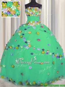 Beauteous Turquoise Ball Gowns Hand Made Flower Quinceanera Dress Lace Up Tulle Sleeveless Floor Length