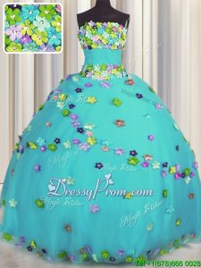 Delicate Aqua Blue Ball Gowns Strapless Sleeveless Tulle Floor Length Lace Up Hand Made Flower Quince Ball Gowns