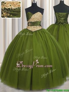 Beautiful Olive Green Sleeveless Beading and Ruching and Belt Floor Length Quince Ball Gowns
