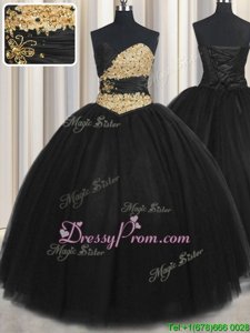 Cute Black Sweetheart Lace Up Beading and Appliques and Ruching and Belt Sweet 16 Dress Sleeveless