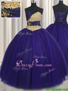 Royal Blue Tulle Lace Up Vestidos de Quinceanera Sleeveless Floor Length Beading and Appliques