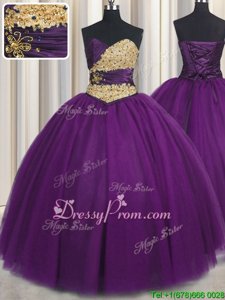 Trendy Sleeveless Floor Length Beading and Appliques Lace Up Vestidos de Quinceanera with Purple