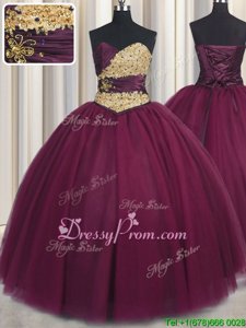 Floor Length Fuchsia 15th Birthday Dress Tulle Sleeveless Spring and Summer and Fall and Winter Beading and Appliques