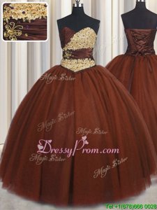 Low Price Burgundy Tulle Lace Up Sweetheart Sleeveless Floor Length Sweet 16 Dress Beading and Appliques