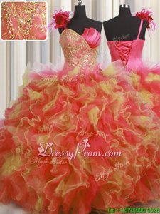 Eye-catching Multi-color Ball Gowns Tulle One Shoulder Sleeveless Beading and Ruffles Floor Length Lace Up Sweet 16 Dresses