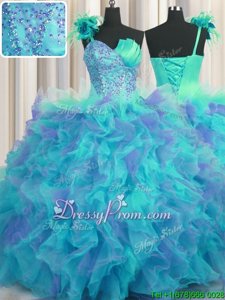 Sweet Beading and Ruffles Quinceanera Gowns Multi-color Lace Up Sleeveless Floor Length