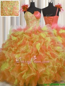 Elegant Multi-color Tulle Lace Up 15 Quinceanera Dress Sleeveless Floor Length Beading and Ruffles