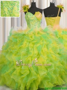 Graceful Multi-color One Shoulder Lace Up Beading and Ruffles Quinceanera Dress Sleeveless