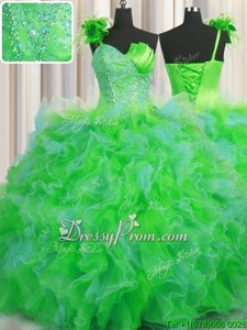 Suitable Sleeveless Floor Length Beading and Ruffles Lace Up Quince Ball Gowns with Multi-color
