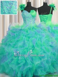 Discount Multi-color Lace Up One Shoulder Beading and Ruffles Sweet 16 Quinceanera Dress Tulle Sleeveless
