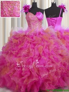 Fitting Multi-color Tulle Lace Up One Shoulder Sleeveless Floor Length Quinceanera Dress Beading and Ruffles