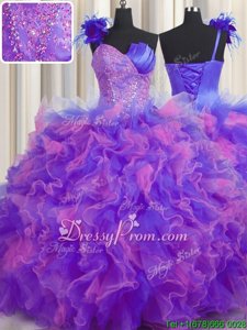 Designer Tulle One Shoulder Sleeveless Lace Up Beading and Ruffles Quinceanera Gowns inMulti-color
