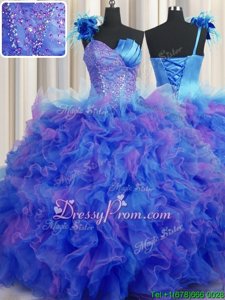 Cheap One Shoulder Sleeveless Quinceanera Gown Floor Length Beading and Ruffles Multi-color Tulle