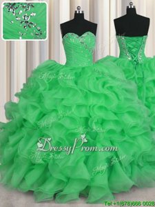 Edgy Beading and Ruffles Quinceanera Dress Apple Green Lace Up Sleeveless Floor Length