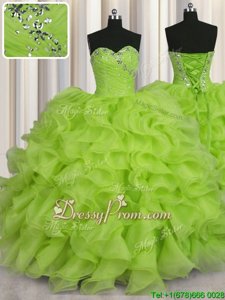 Smart Yellow Green Sleeveless Organza Lace Up Quince Ball Gowns forMilitary Ball and Sweet 16 and Quinceanera