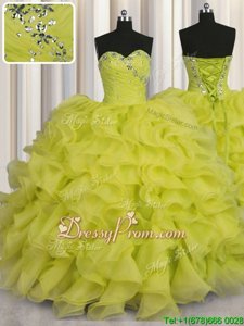 Shining Ball Gowns Sweet 16 Quinceanera Dress Yellow Green Sweetheart Organza Sleeveless Floor Length Lace Up
