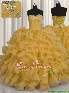 Captivating Sweetheart Sleeveless Lace Up Quinceanera Gowns Gold Organza