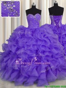 Glamorous Lavender Organza Lace Up Sweetheart Sleeveless Floor Length Quinceanera Dress Beading and Ruffles