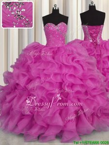 High Quality Beading and Ruffles 15th Birthday Dress Fuchsia Lace Up Sleeveless Floor Length